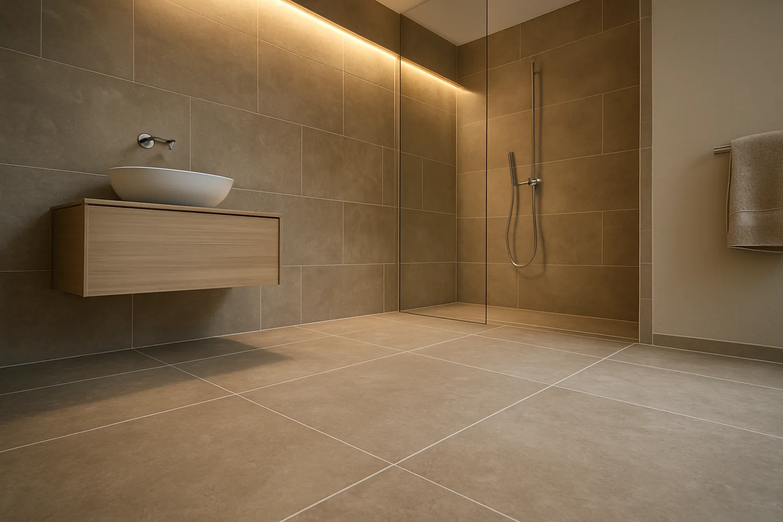Badezimmer mit neu verlegten Fliesen und warmer Beleuchtung
