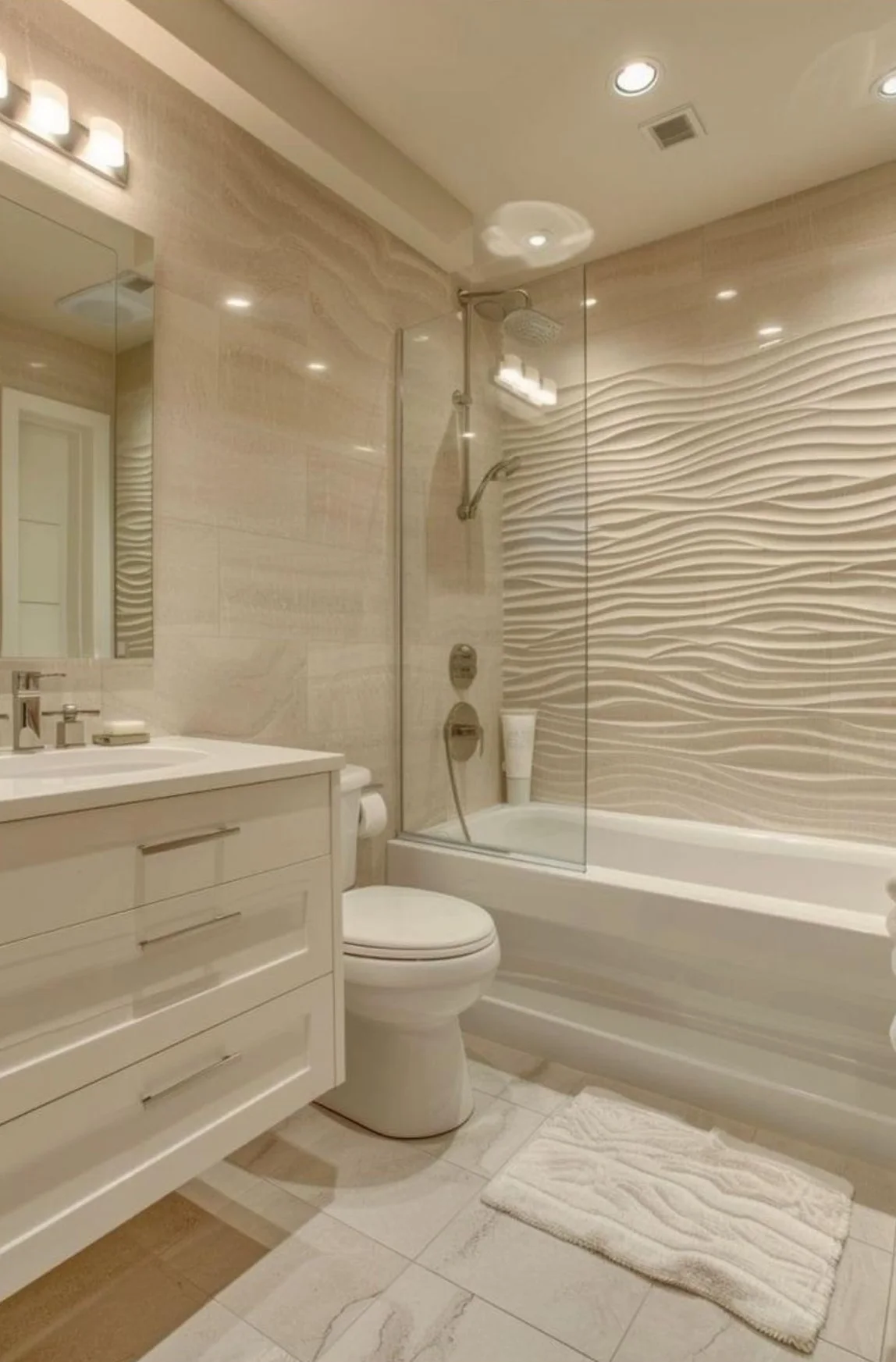 Badezimmer mit beigen 3D Wandfliesen Glasdusche und Badewanne