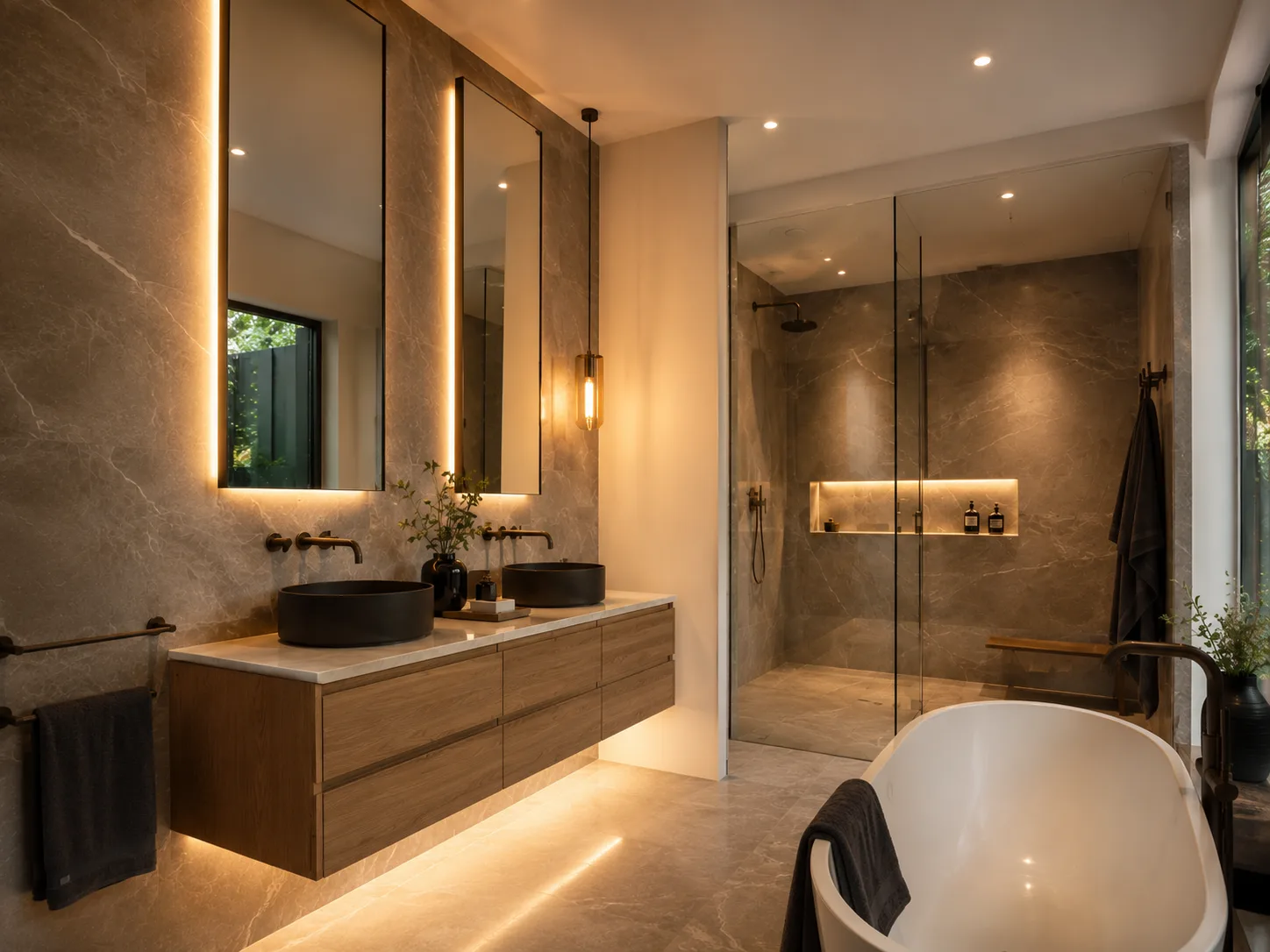 Doppelwaschtisch mit dunklen Aufsatzbecken beleuchteten Spiegeln und Glasdusche im Designbad