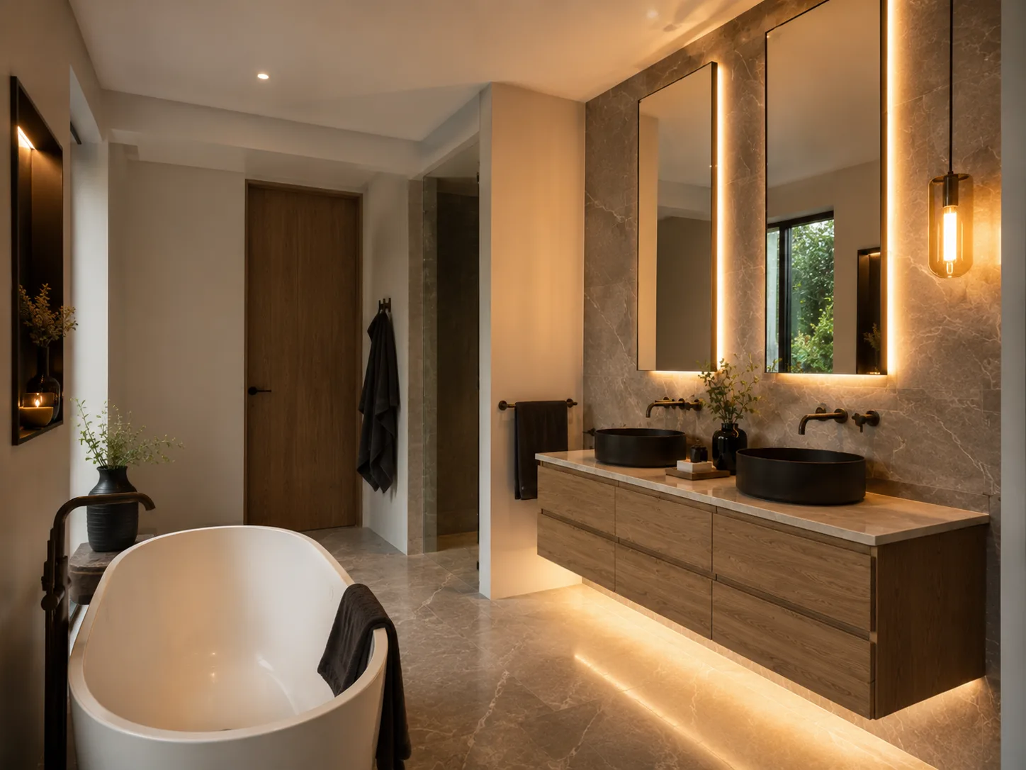 Freistehende Badewanne Doppelwaschtisch Holzoptik und indirekte Beleuchtung in modernem Luxusbad