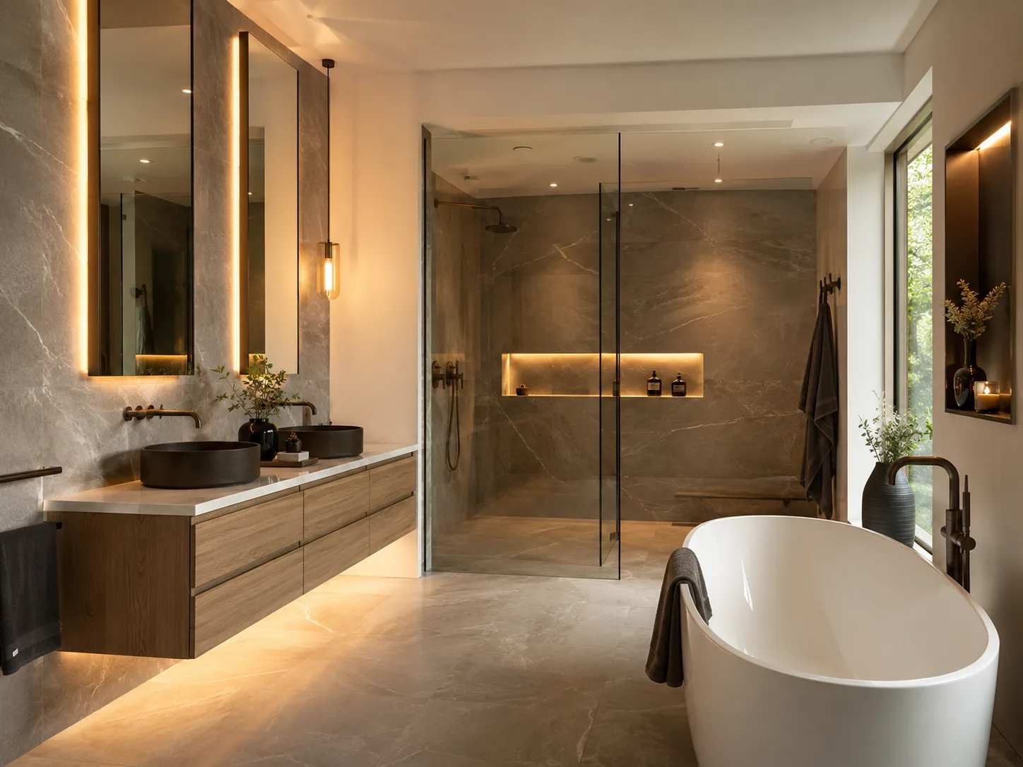 Großes Luxusbad mit freistehender Badewanne Walk-in-Dusche Glaswand und beleuchteter Wandnische