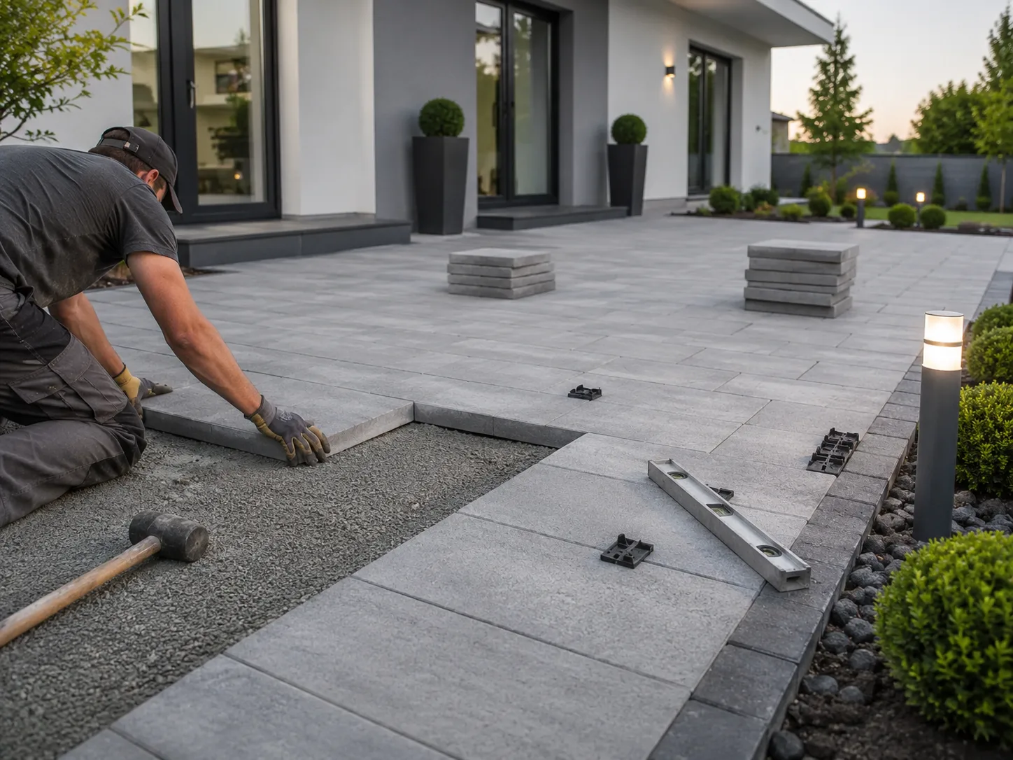 Verlegung großformatiger Terrassenplatten im Garten